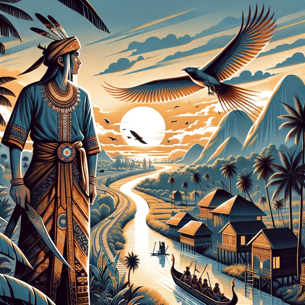 Ilustrasi cerita rakyat Nusantara, menampilkan tokoh dan setting cerita yang khas.