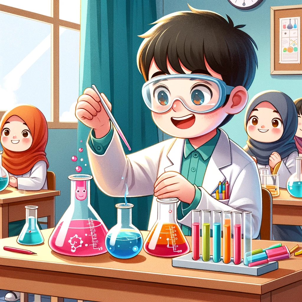 Anak-anak melakukan eksperimen sains di rumah, dengan antusias menonton reaksi kimia yang terjadi