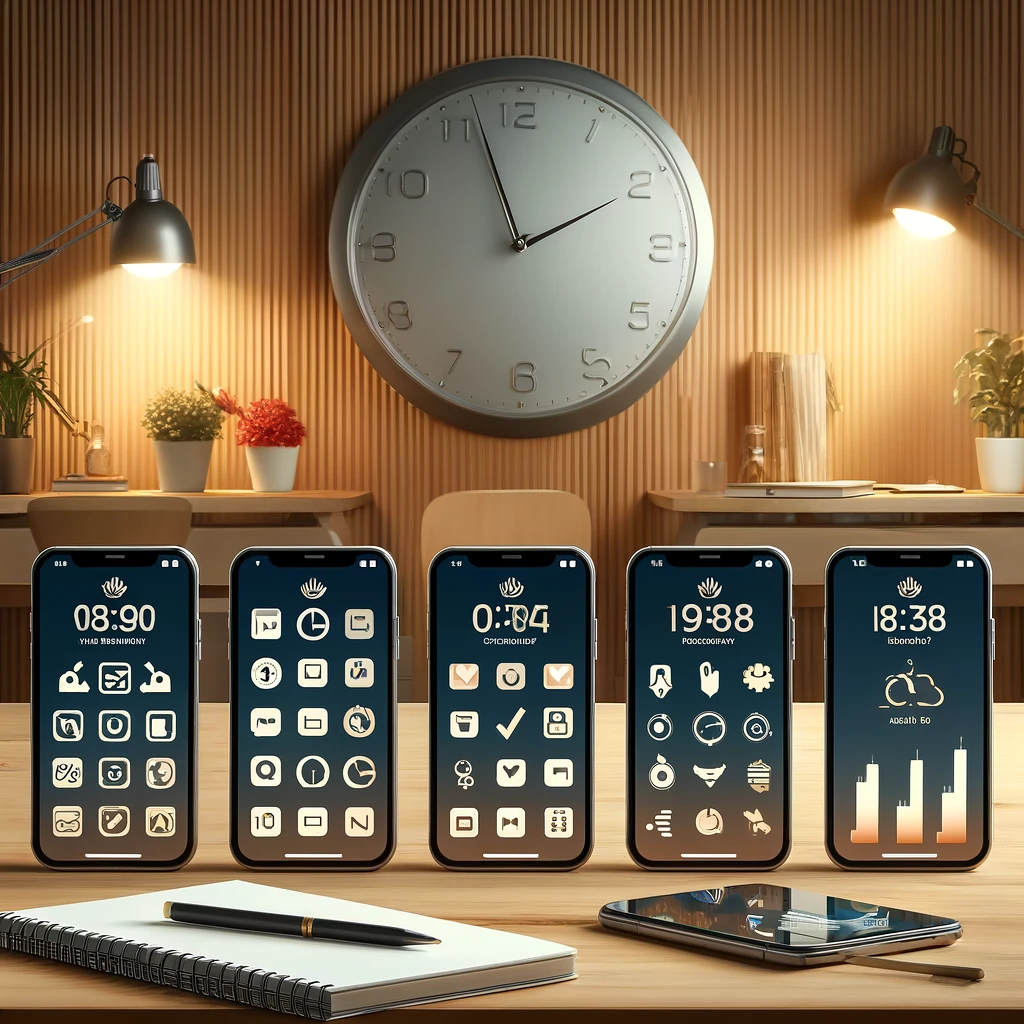 Lima smartphone dengan aplikasi manajemen waktu yang berbeda tersusun di atas meja kerja modern, menampilkan fitur seperti kalender, checklist, dan grafik produktivitas, dengan jam dinding besar di latar belakang, menggambarkan pentingnya pengaturan waktu yang efisien