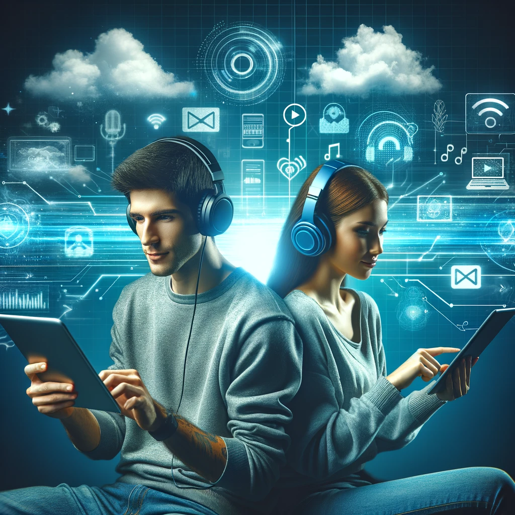 Pemuda dan pemudi menggunakan laptop dan tablet untuk streaming musik dan video, dengan latar belakang ikon cloud computing dan jaringan data yang kompleks, menggambarkan cara kerja teknologi streaming dalam suasana yang modern dan inovatif