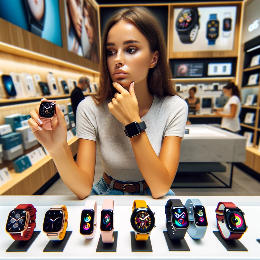 Wanita muda mempertimbangkan berbagai model smartwatch di meja, dengan latar belakang toko elektronik. Dia tampak serius dan fokus, mengevaluasi fitur-fitur untuk menentukan smartwatch yang paling cocok dengan kebutuhannya
