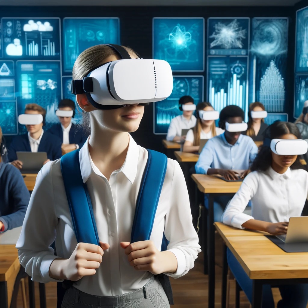 Guru wanita muda mengenakan headset VR di kelas modern bersama siswa yang juga memakai VR, terlibat dalam pengalaman belajar interaktif dengan layar digital yang menunjukkan data pendidikan di sekelilingnya, menciptakan suasana belajar yang inovatif dan futuristik