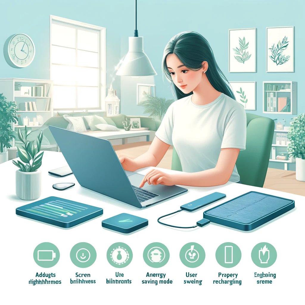 Wanita muda bekerja dengan laptop di meja yang rapi, dikelilingi aksesori dan diagram tips menjaga baterai, dalam ruangan terang dengan tanaman hias, mencerminkan suasana tenang dan produktif untuk penggunaan laptop yang efisien