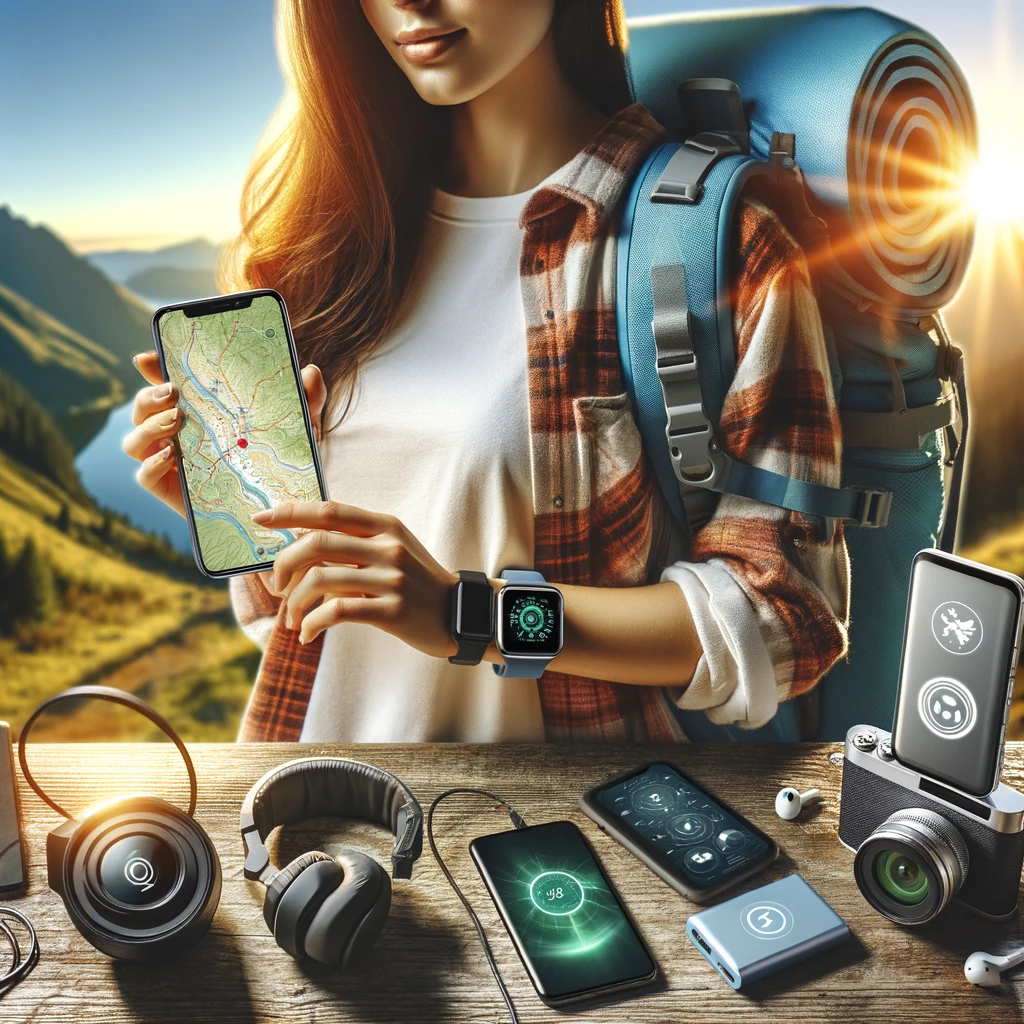 Wanita muda backpacker menggunakan smartphone dengan peta digital dan memakai smartwatch, dikelilingi oleh kamera digital, headphones nirkabel, dan power bank di latar belakang alam terbuka dengan gunung dan langit biru, menonjolkan gadget esensial untuk traveling