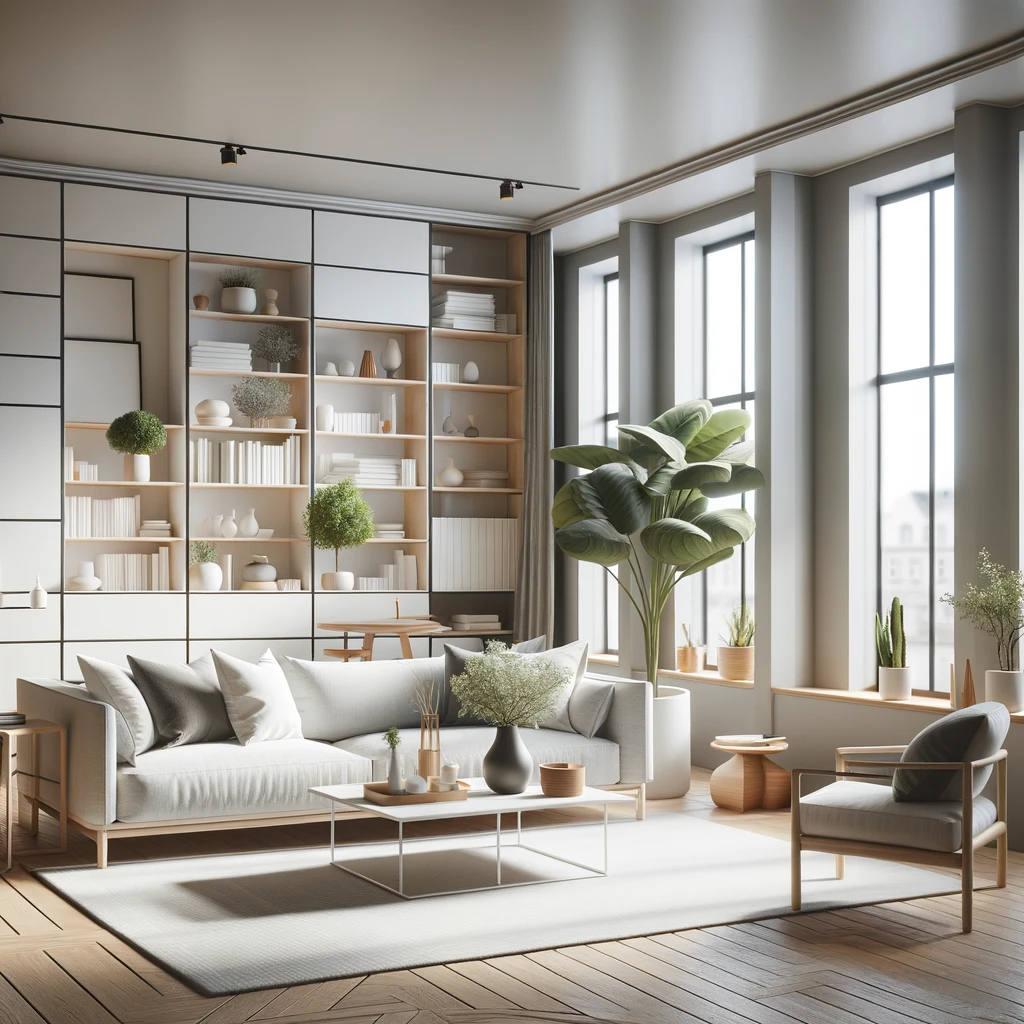 Interior apartemen dengan dekorasi minimalis, dilengkapi sofa nyaman, meja kopi, dan rak buku, dalam palet warna putih dan abu-abu serta aksen kayu, tanaman hias menambah kesegaran, jendela besar menyinari ruangan dengan cahaya alami, menggambarkan ide dekorasi yang elegan dan fungsional untuk apartemen, dominasi warna netral yang menonjolkan kesederhanaan dan keeleganan