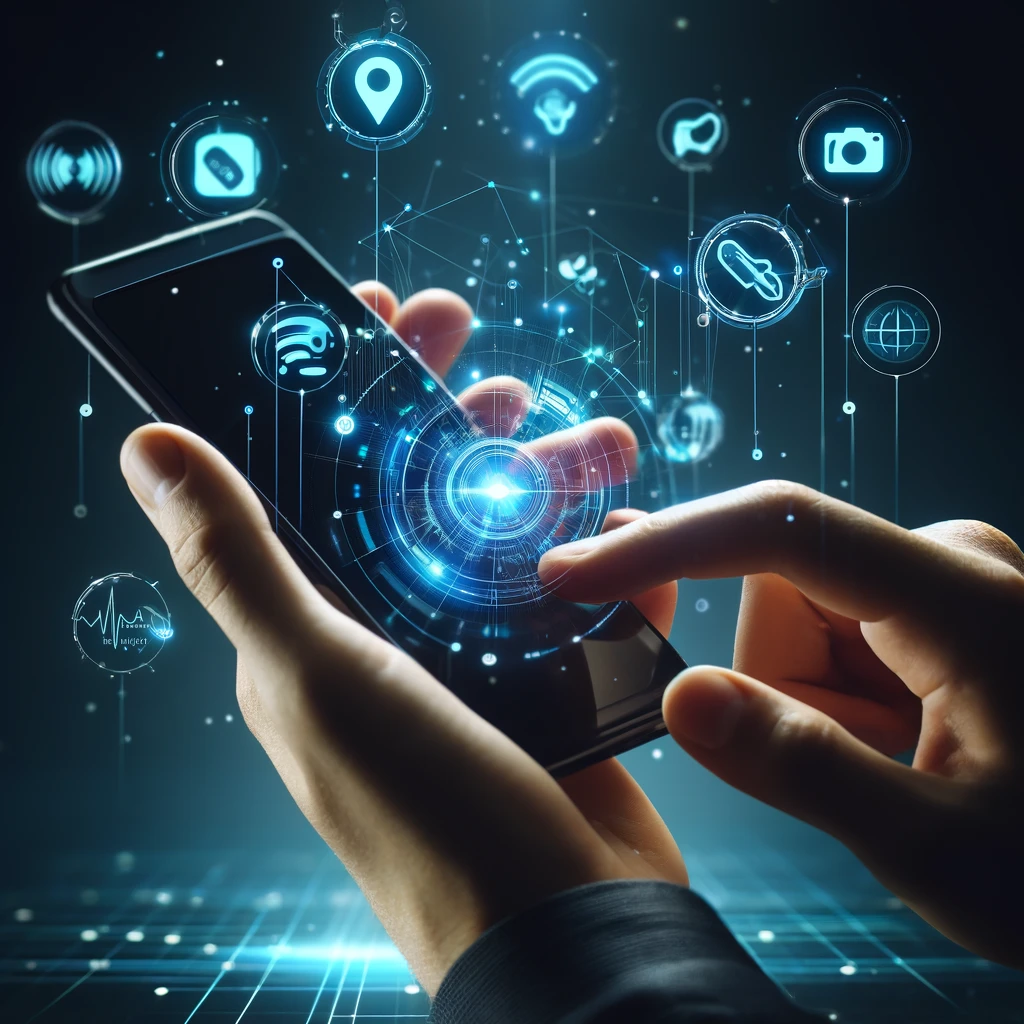 Tangan memegang smartphone terbaru dengan ikon sensor canggih melayang di sekitarnya, termasuk GPS, kamera, kecerdasan buatan, dan sensor jantung, dalam suasana teknologi tinggi dan futuristik dengan latar belakang gelap dan pencahayaan biru neon