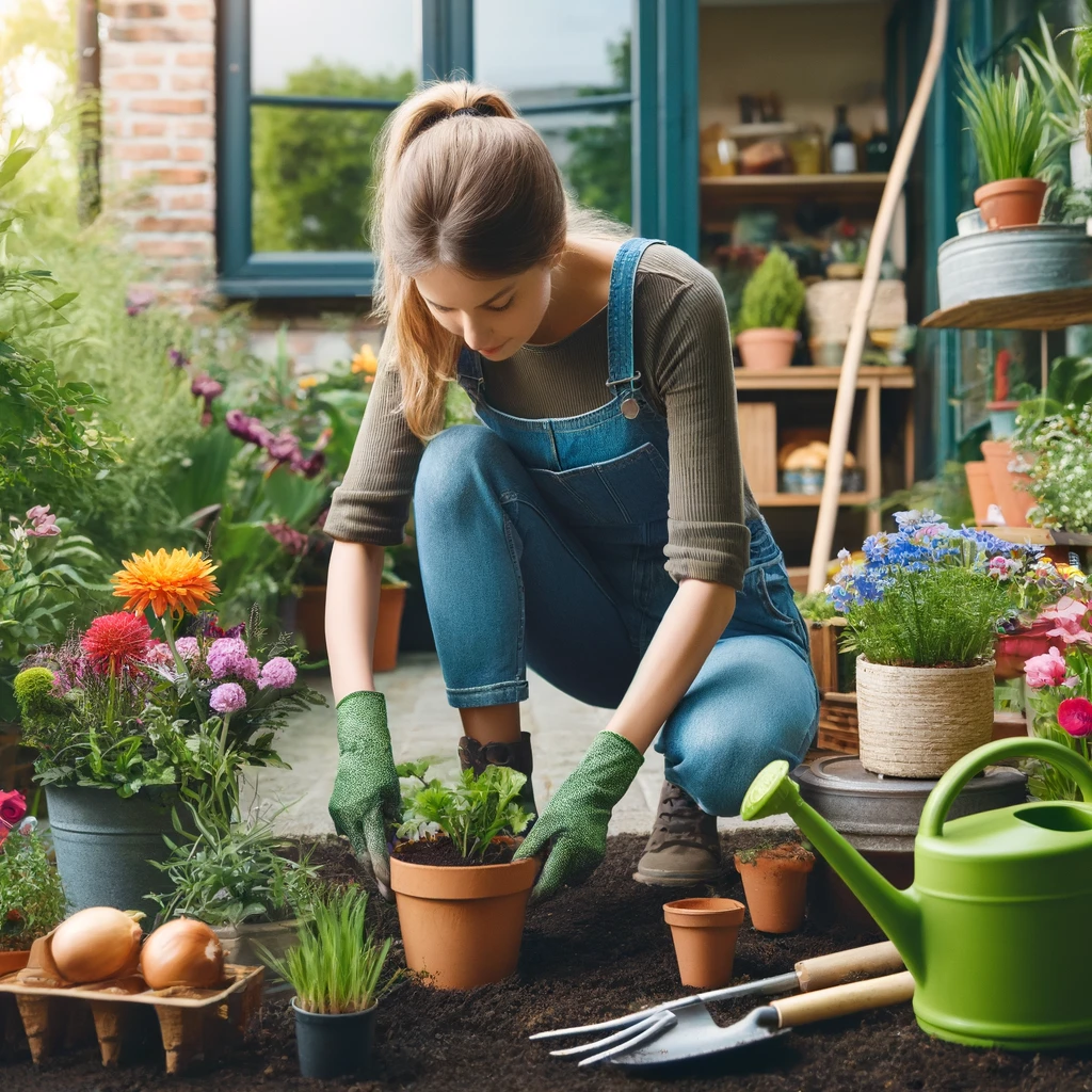 Wanita menanam bunga dan sayuran di kebun rumahnya, membungkuk memasukkan tanaman ke dalam pot, dikelilingi oleh tanaman segar dengan alat berkebun di sisi, kegiatan ini dilakukan di halaman belakang dengan cahaya matahari yang melimpah, menunjukkan manfaat berkebun di rumah seperti penyediaan makanan sehat dan kegiatan yang menenangkan, suasana kebun yang subur dan terawat, mendukung kesehatan dan kebahagiaan