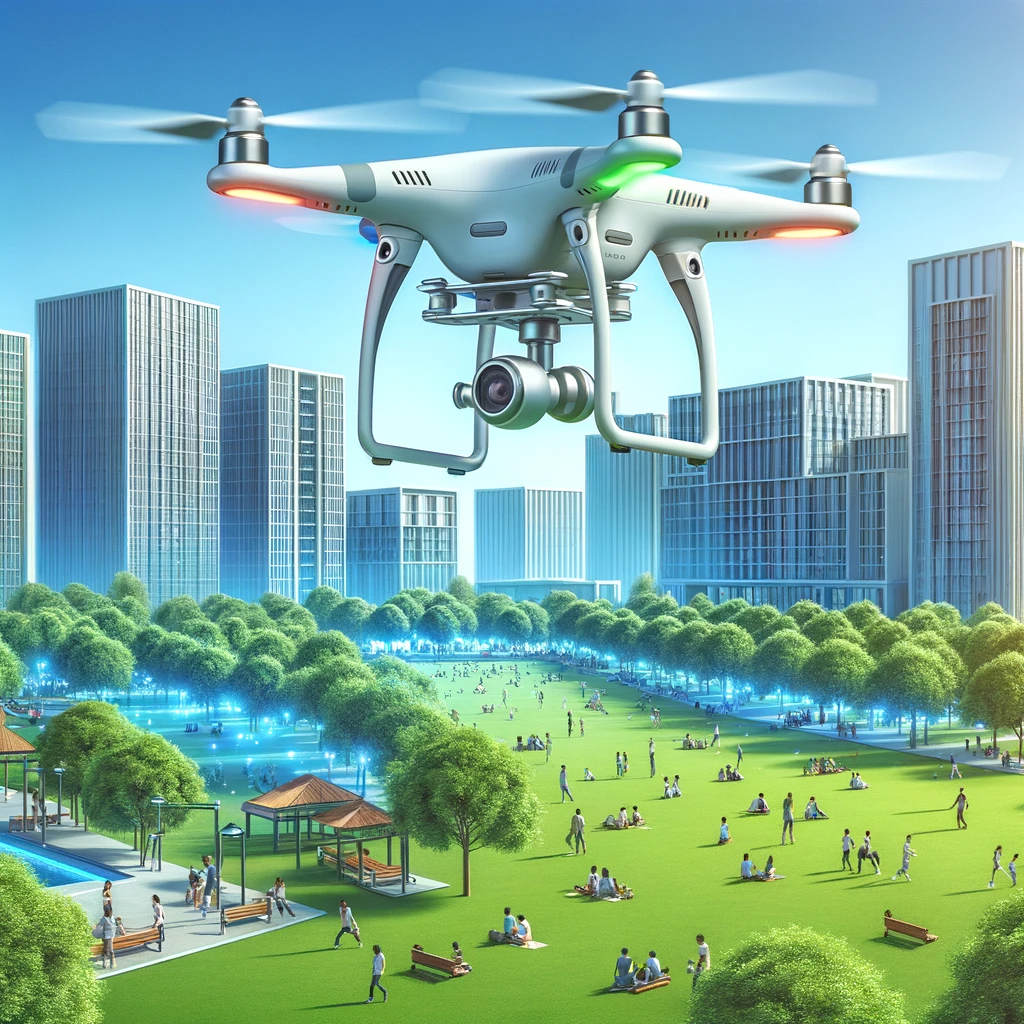 Drone dengan kamera dan sensor terbang di atas taman kota pada siang hari, memetakan area sambil beberapa orang menikmati hari di bawahnya, menunjukkan integrasi drone dalam kegiatan sehari-hari dengan latar belakang gedung kota modern