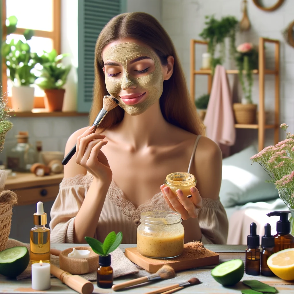Wanita menerapkan masker wajah alami di ruangannya, duduk di depan meja rias dengan produk-produk alami seperti minyak esensial dan masker madu lemon, diaplikasikan menggunakan kuas makeup, dalam suasana yang nyaman dan terang, dihiasi dengan tanaman hijau dan bunga segar, menggambarkan langkah-langkah membuat rutinitas skincare alami yang menyegarkan dan menenangkan