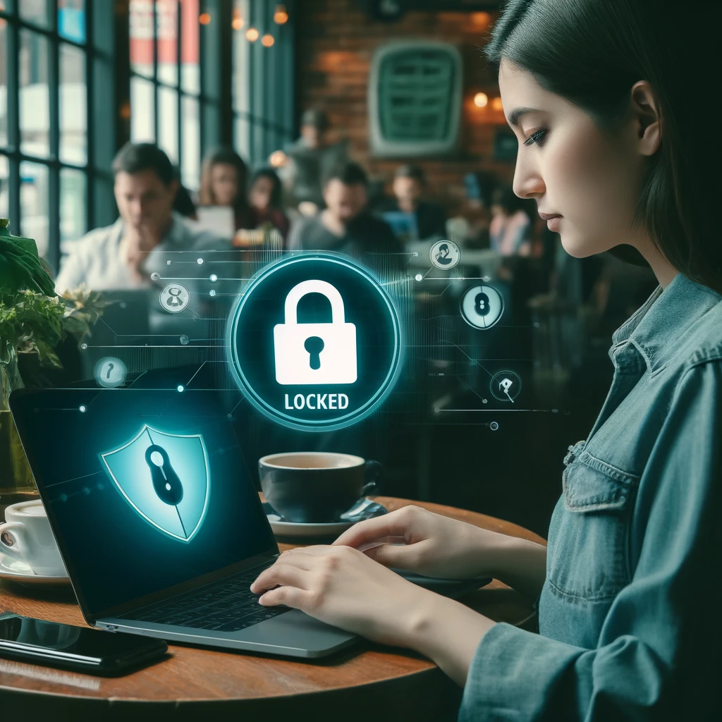Wanita muda yang serius menggunakan laptop di kafe dengan ikon gembok pada layar yang berubah dari terbuka menjadi terkunci, simbolisasi penggunaan VPN untuk keamanan di jaringan publik, dengan latar belakang orang banyak menggunakan gadget