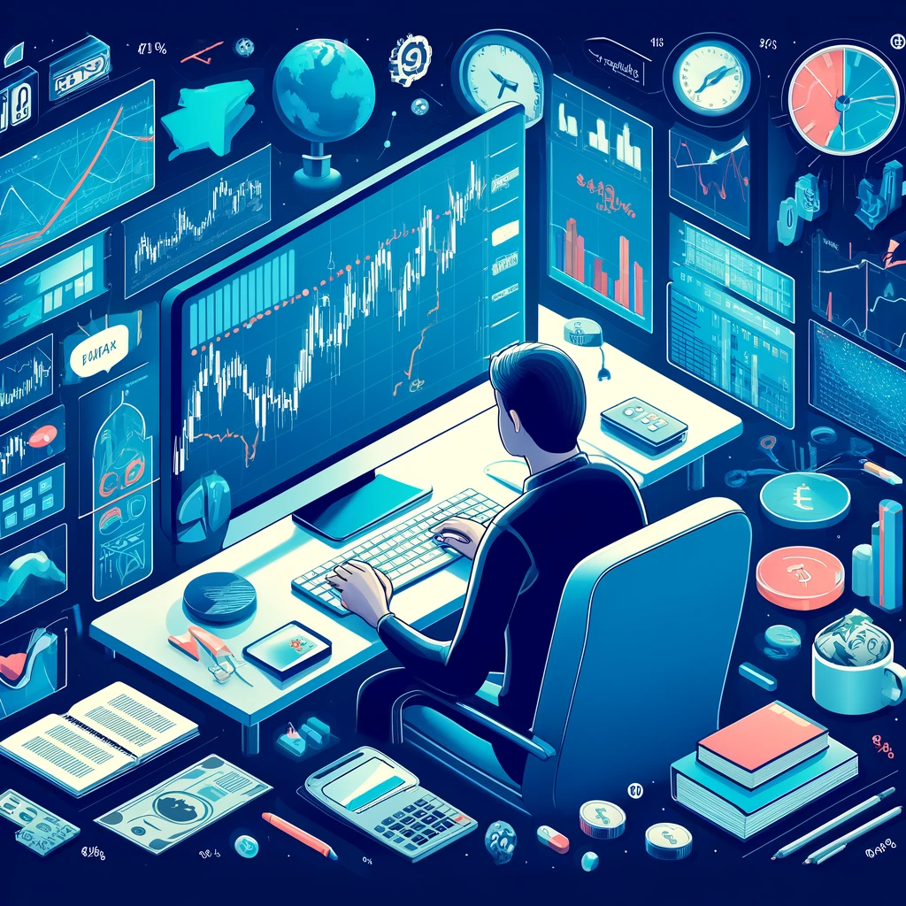 mengenal lebih dalam tentang forex, menampilkan seorang individu yang tengah belajar dan menganalisis pasar forex, dikelilingi oleh berbagai simbol yang mewakili mata uang dunia dan alat analisis pasar