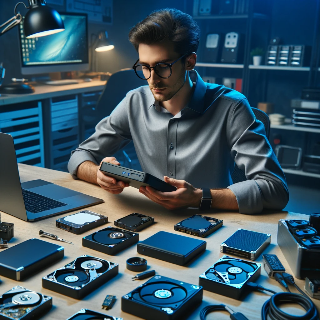 Teknisi komputer profesional memeriksa hard drive eksternal di meja kerjanya yang dilengkapi berbagai model dan merek hard drive, dikelilingi oleh laptop, kabel, dan alat-alat teknologi, mencerminkan suasana serius dan modern dalam memilih hard drive yang tepat