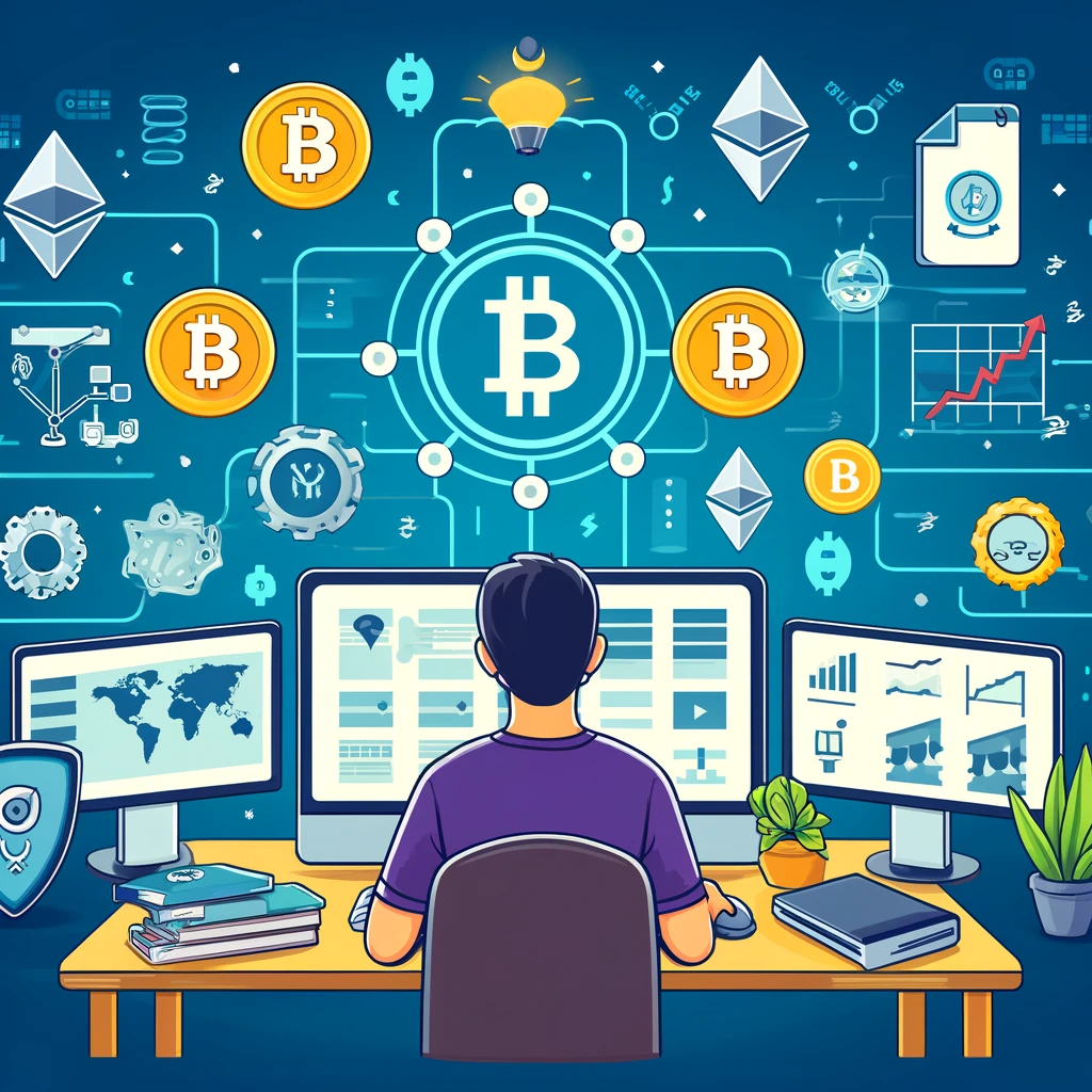 pelajaran dasar tentang cryptocurrency, menampilkan seorang individu yang sedang belajar tentang Bitcoin, Ethereum, dan konsep blockchain