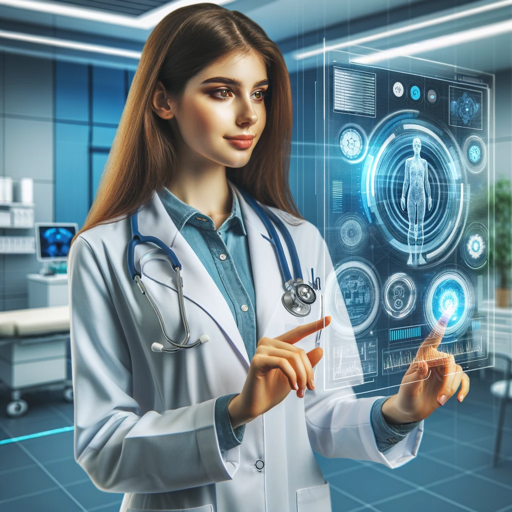 Dokter wanita muda dengan stetoskop, mengoperasikan layar hologram yang menampilkan data kesehatan dan grafik medis dalam ruang konsultasi modern, menggambarkan integrasi teknologi canggih dalam praktik kesehatan