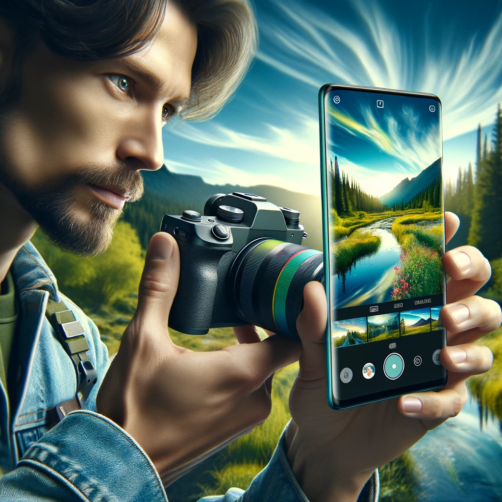Fotografer profesional menggunakan smartphone canggih dengan layar yang menampilkan hasil foto yang tajam dan berwarna-warni, di lokasi outdoor dengan langit biru dan vegetasi hijau yang cerah, menunjukkan kualitas terbaik kamera smartphone 2024