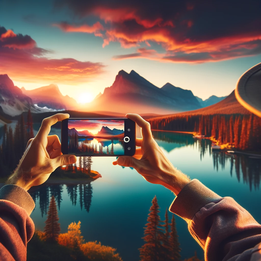 Fotografer amatir fokus mengambil foto pemandangan alam dengan smartphone di bawah cahaya matahari terbenam yang memancarkan warna oranye dan merah muda, mencerminkan tips fotografi dengan smartphone dalam keindahan alam