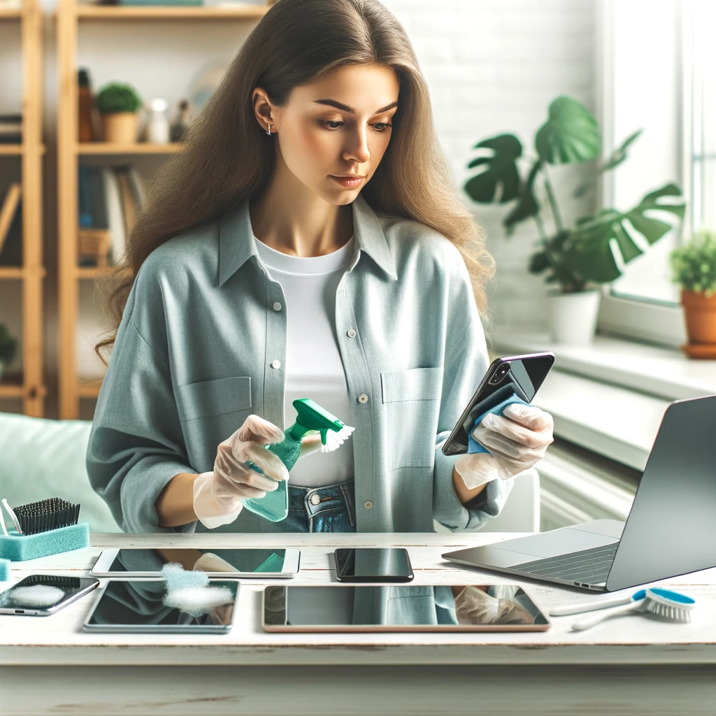 Wanita muda yang teliti merawat berbagai gadget seperti smartphone, laptop, dan tablet dengan peralatan pembersih khusus di meja kerjanya yang rapi, dalam suasana yang cerah dan produktif