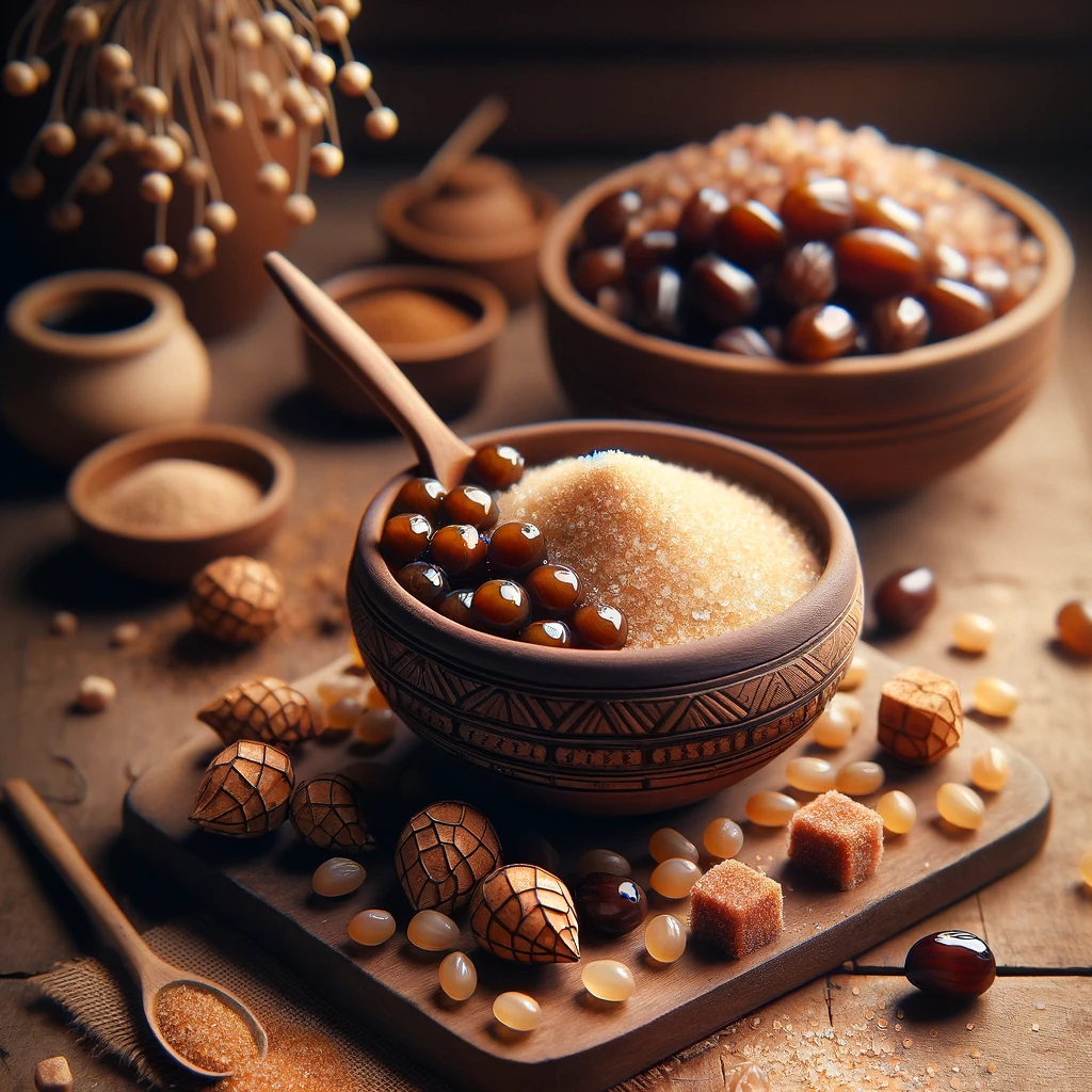 Dua mangkuk kecil berisi gula aren dan gula pasir biasa ditempatkan di atas meja kayu. Mangkuk pertama berisi gula aren berwarna cokelat keemasan, sedangkan mangkuk kedua berisi gula pasir berwarna putih. Di belakang mangkuk terdapat latar belakang dapur dengan pencahayaan yang hangat
