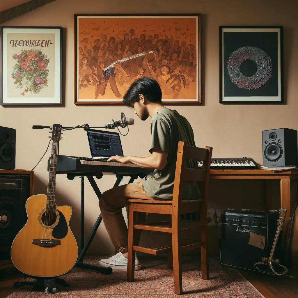 Seorang musisi muda duduk di depan keyboard dan laptop di studio rumahnya, sedang menciptakan musik dengan semangat. Di sekitarnya terdapat alat musik lain seperti gitar dan mikrofon. Ruangan tersebut terlihat kreatif dengan poster musik di dinding dan pencahayaan yang artistik
