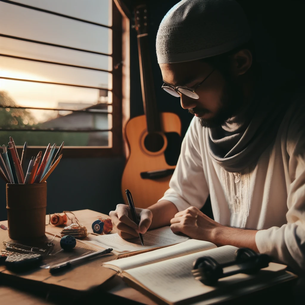 Seorang penulis lagu duduk di depan meja dengan alat tulis dan kertas, memegang pena sambil merenung. Di sekitarnya terdapat gitar akustik, beberapa buku catatan, dan pemandangan jendela dengan sinar matahari masuk ke dalam ruangan. Atmosfer kreatif dan inspiratif