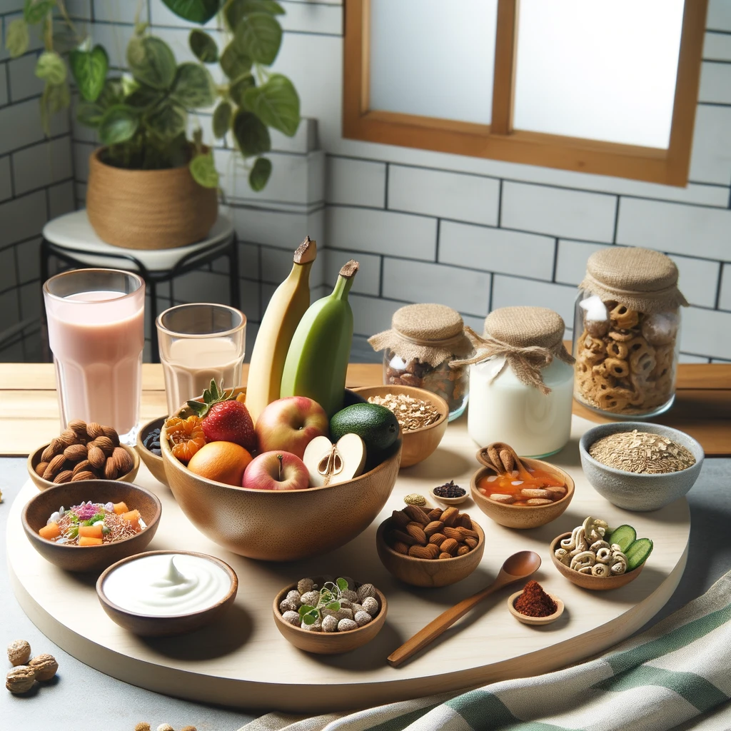 Meja kayu dengan berbagai cemilan sehat dan lezat untuk malam hari, termasuk buah-buahan segar, kacang-kacangan, yogurt, dan beberapa potong cokelat hitam. Ada juga teh herbal dalam cangkir. Latar belakang adalah dapur modern dengan pencahayaan lembut