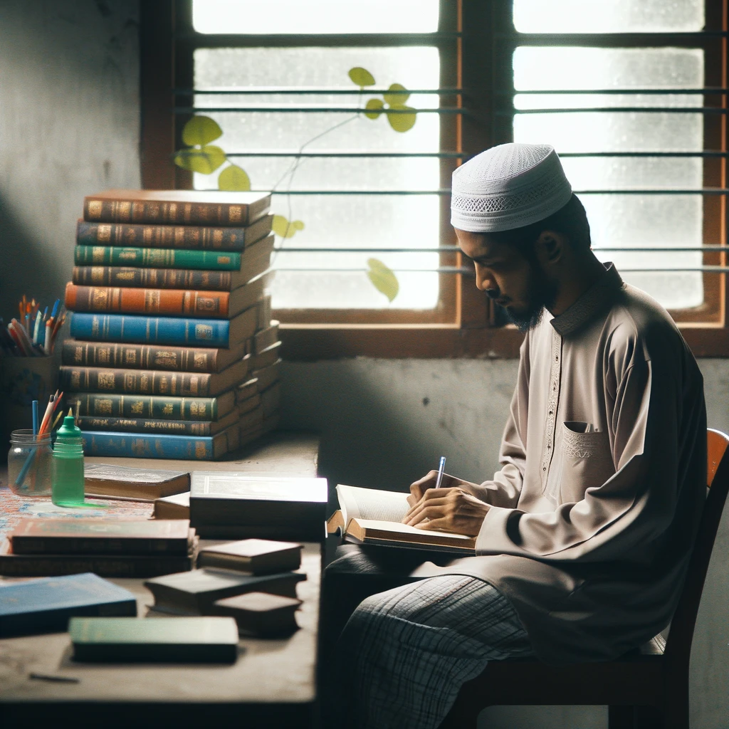 Seorang pemuda duduk di sebuah meja dengan beberapa buku filsafat terbuka di depannya. Dia tampak sedang berpikir mendalam, dengan tangan menyangga dagu. Di latar belakang, terdapat rak buku penuh dengan buku-buku dan suasana ruangan yang tenang dengan pencahayaan yang hangat