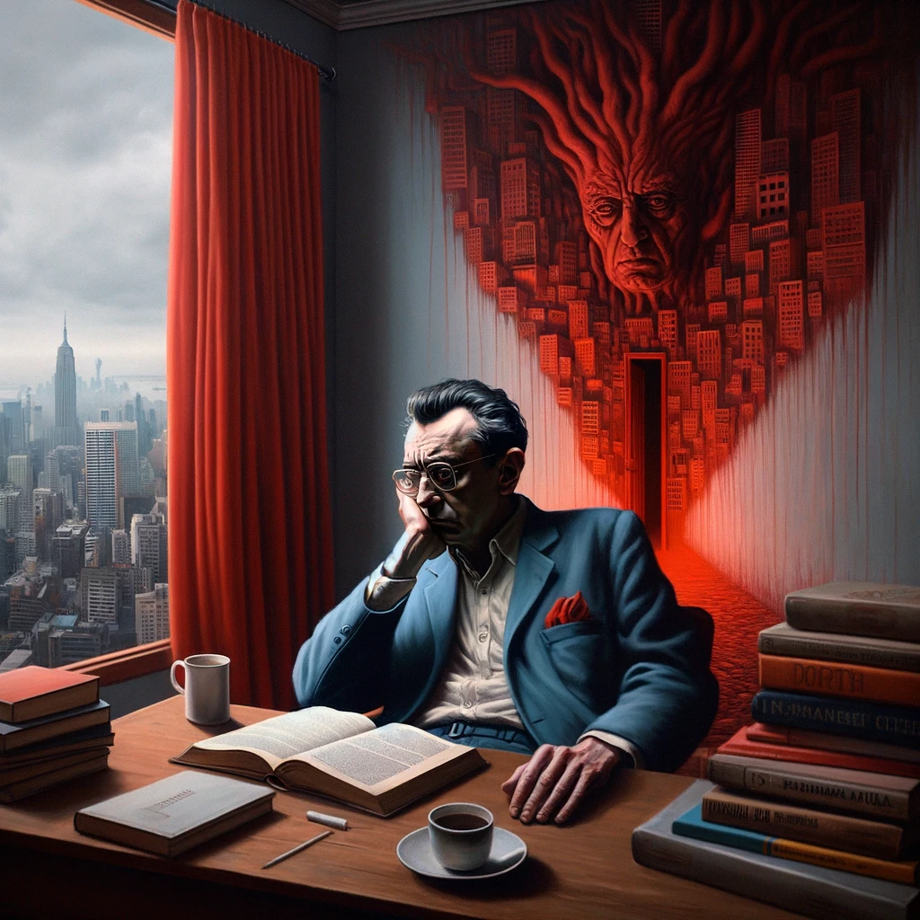 Jean-Paul Sartre duduk di sebuah ruangan yang minim dekorasi, memegang buku dan merenung. Di belakangnya terdapat jendela besar dengan pemandangan kota yang gelap. Nuansa gambar melankolis dengan pencahayaan redup, mencerminkan tema eksistensialisme dan kebebasan
