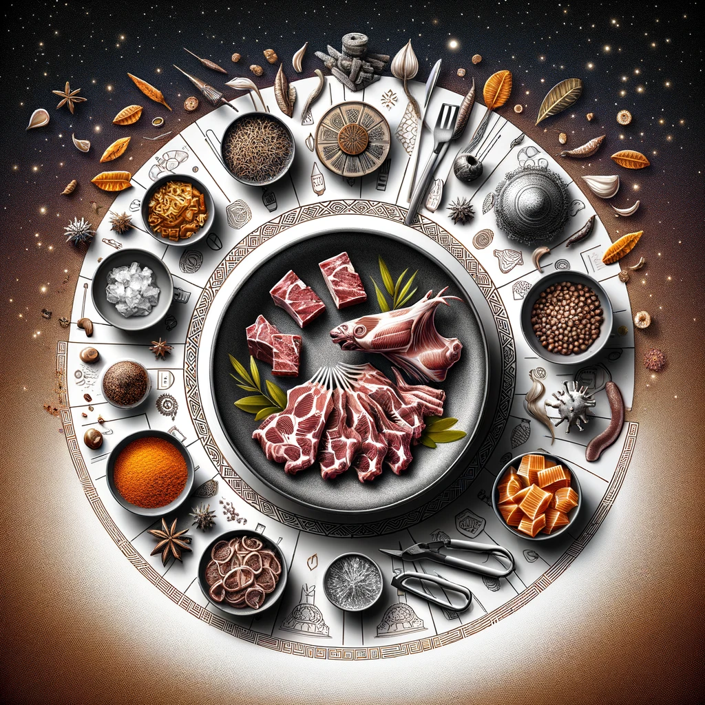 Sepotong daging babi di atas papan potong dengan latar belakang dapur. Tangan yang memakai sarung tangan menunjukkan kaca pembesar di atas daging, memperlihatkan parasit kecil yang terlihat jelas. Ruangan dapur bersih dan modern, dengan peralatan dapur dan bahan makanan lainnya di latar belakang