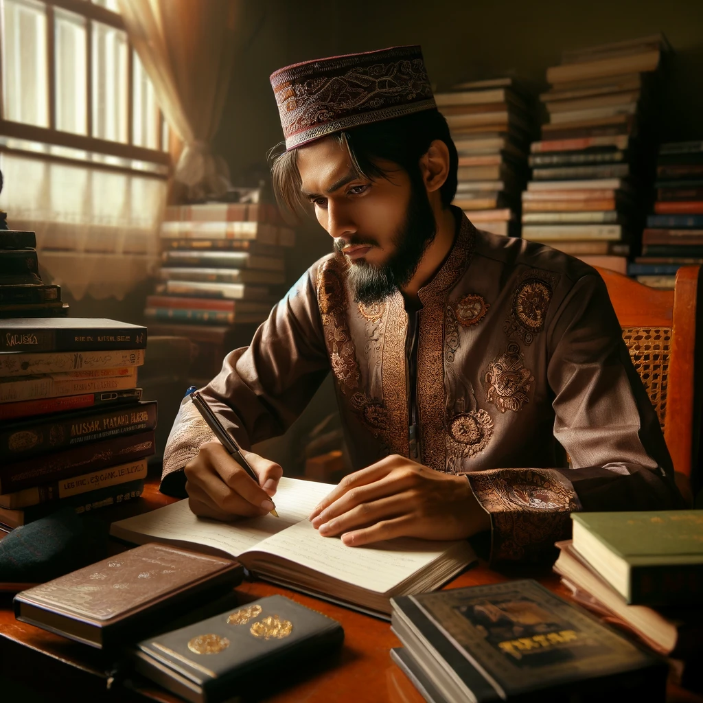 Seorang pria Eropa abad ke-17 duduk di meja dengan latar belakang buku-buku dan lilin. Dia memegang pena dan menulis di buku, wajahnya menunjukkan ekspresi serius dan berpikir dalam-dalam. Cahaya lilin menciptakan suasana hangat namun serius di ruangan yang penuh dengan buku-buku tebal