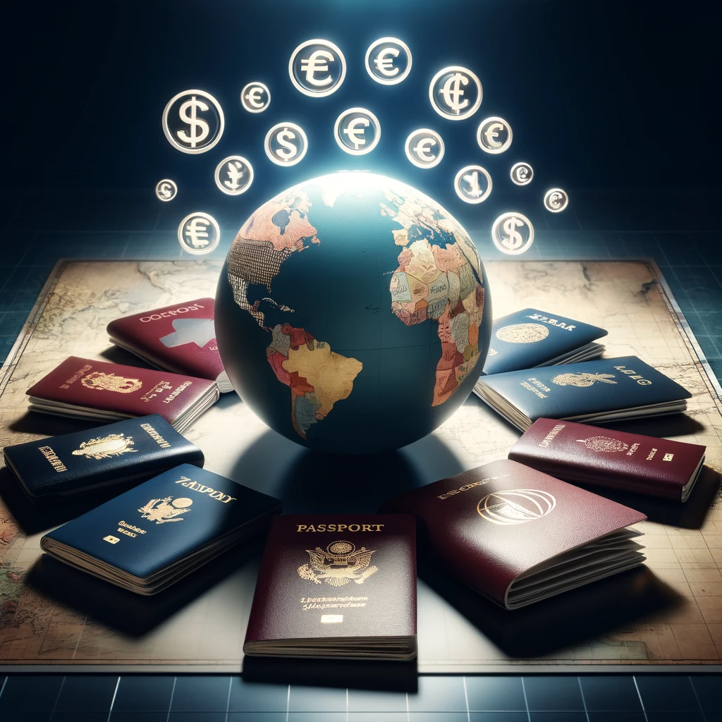 Ilustrasi konseptual yang menampilkan globe dikelilingi oleh berbagai paspor terbuka dari negara-negara yang berbeda, dengan halaman yang menunjukkan visa dan cap. Di atasnya, terdapat simbol mata uang seperti dolar, euro, dan yen yang mengambang, melambangkan dampak ekonomi dari kebijakan imigrasi, dengan latar belakang peta dunia di meja kantor yang elegan