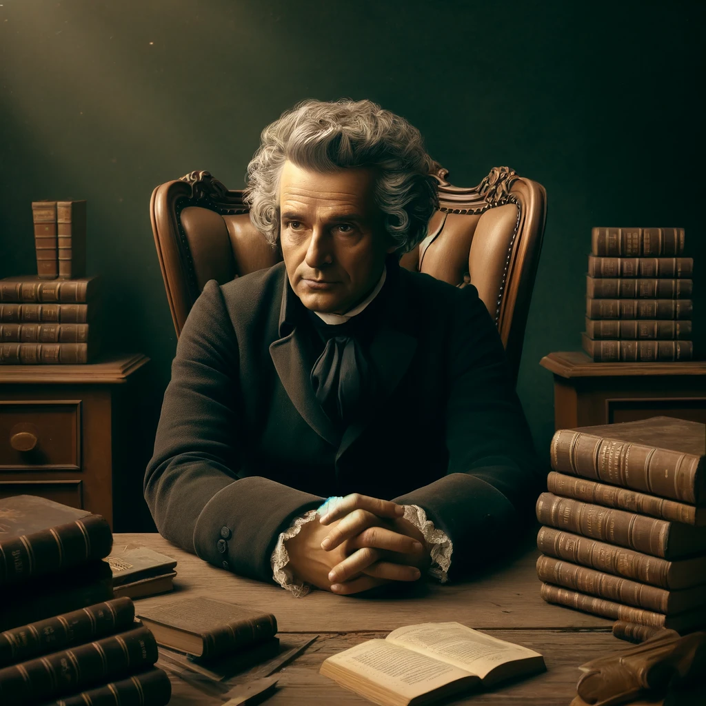 Immanuel Kant sedang duduk di sebuah meja kayu di ruang kerja klasik dengan buku-buku filsafat terbuka di sekelilingnya. Kant tampak berpikir mendalam dengan latar belakang rak buku yang penuh dengan buku-buku tebal dan jendela besar yang membiarkan cahaya alami masuk