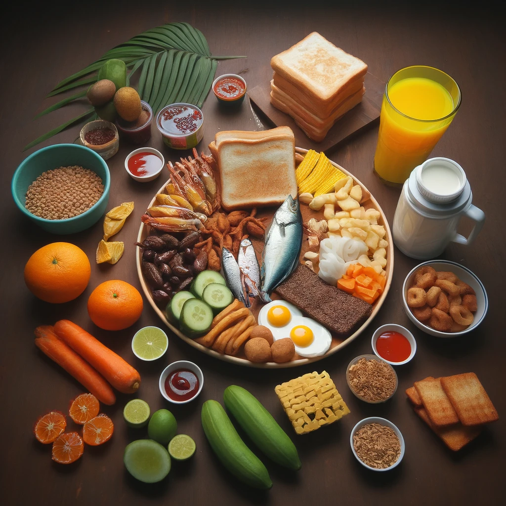 Sebuah meja dengan berbagai jenis makanan yang tidak cocok dikonsumsi bersama keju, seperti ikan, cokelat, dan jeruk. Keju diposisikan di tengah meja, sementara makanan-makanan tersebut diletakkan di sekitarnya dengan tanda larangan merah di atasnya. Latar belakang berwarna netral dengan pencahayaan yang terang