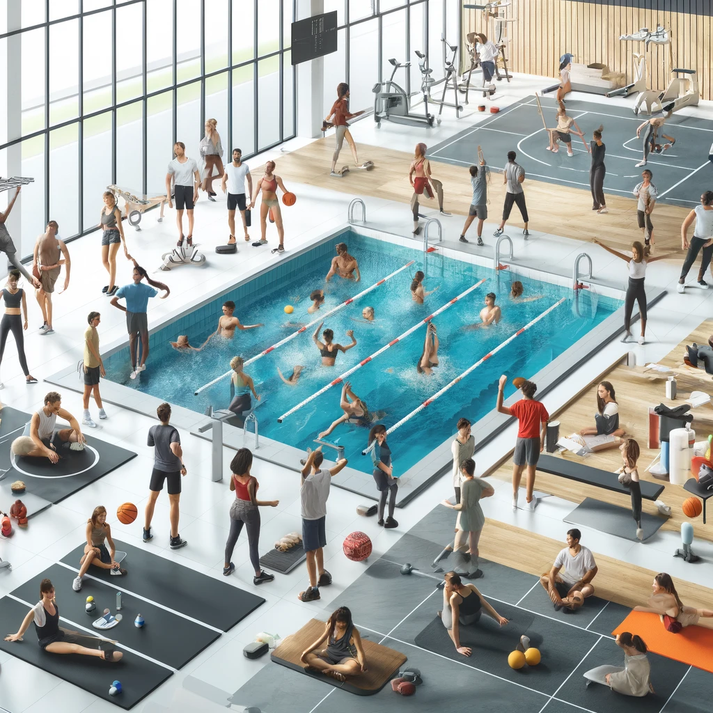 Orang-orang dari berbagai etnis berpartisipasi dalam aktivitas seperti berenang, basket, dan yoga di fasilitas klub olahraga modern yang luas dan dilengkapi dengan baik, dengan lingkungan yang cerah dan ramah