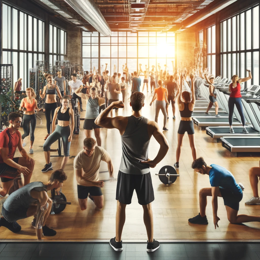 Grup orang beragam usia dan etnis berada di berbagai tahap perjalanan fitness mereka, melakukan berbagai aktivitas seperti angkat beban, berlari di treadmill, dan stretching di gym modern dengan peralatan canggih dan cahaya alami yang masuk melalui jendela besar, menciptakan suasana yang energik dan menginspirasi