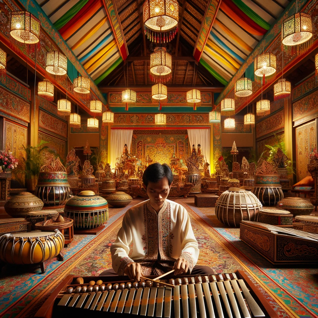 Seorang musisi tradisional Indonesia memainkan gamelan di sebuah panggung yang dikelilingi alat musik tradisional lainnya seperti angklung, sasando, dan kendang. Latar belakangnya dihiasi dengan kain batik dan lampu warna-warni yang menciptakan suasana meriah