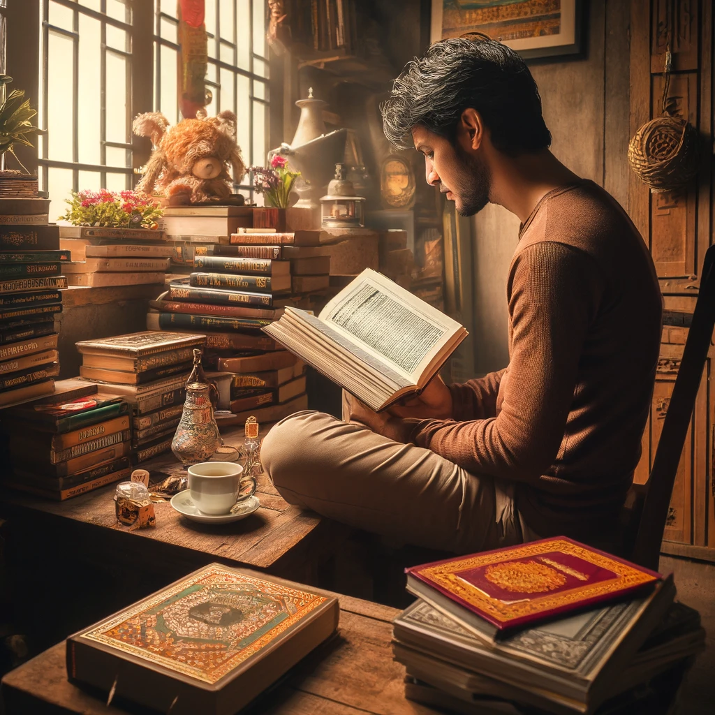 Seorang pria sedang membaca buku filsafat di sebuah meja kayu, dengan latar belakang rak buku yang penuh dengan buku-buku. Di atas meja terdapat cangkir kopi dan beberapa buku terbuka. Pencahayaan hangat dan suasana ruangan yang tenang dan nyaman