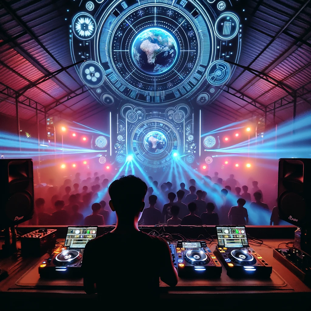 Seorang DJ sedang tampil di atas panggung dengan peralatan musik elektronik seperti turntable dan mixer. Latar belakang panggung menampilkan lampu-lampu neon berwarna-warni dan visualizer grafis yang dinamis. Penonton terlihat menikmati musik dengan suasana yang penuh energi dan cahaya