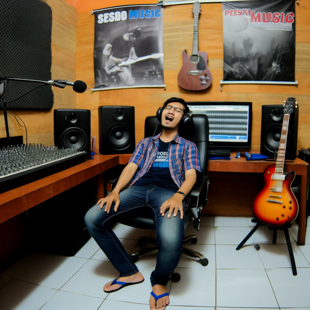 Seorang pemuda duduk di studio musik dengan gitar di pangkuannya, dikelilingi oleh peralatan rekaman seperti mikrofon, mixer, dan laptop. Latar belakang menampilkan dinding dengan poster musik dan rak penuh alat musik. Pemuda tersebut terlihat antusias dan fokus, seolah sedang mempersiapkan proyek musik baru