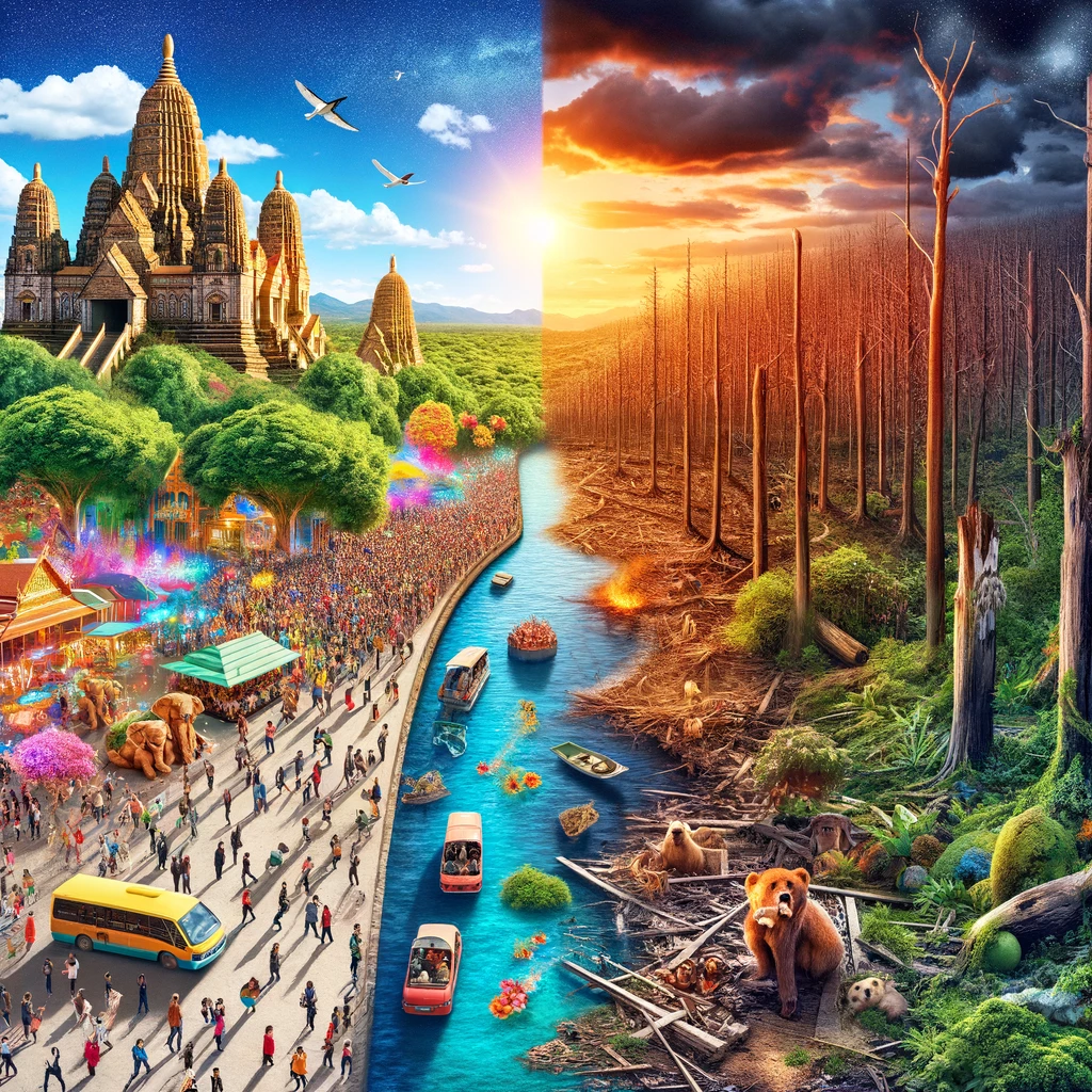 Gambar yang memperlihatkan kontras antara destinasi pariwisata yang ramai dengan landmark bersejarah dan kegiatan budaya di sisi kiri, dan pemandangan alam yang tenang namun rusak akibat deforestasi, polusi, dan gangguan terhadap satwa liar di sisi kanan, menggambarkan dampak langsung pariwisata terhadap alam