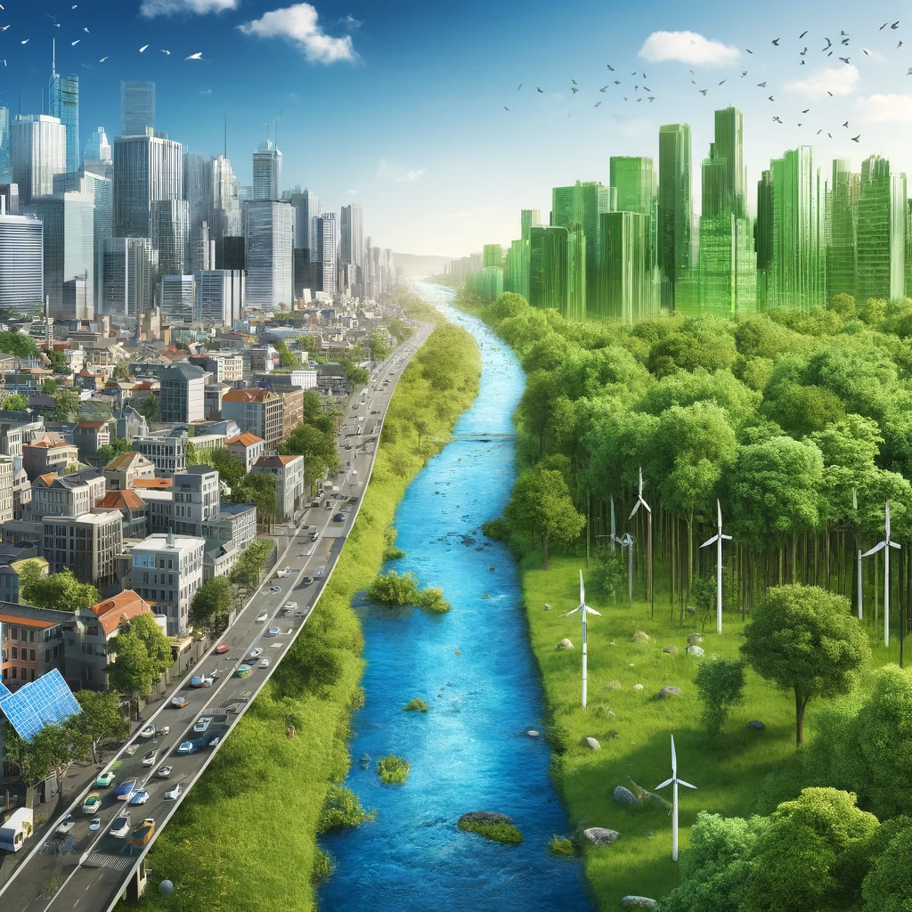 Ilustrasi konseptual pembangunan berkelanjutan menampilkan pemandangan kota modern dengan panel surya dan turbin angin di satu sisi, dan hutan lebat dengan satwa liar dan sungai bersih di sisi lain, melambangkan keseimbangan antara pembangunan kota dan pelestarian lingkungan