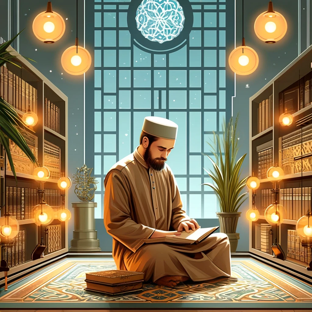 Seorang filsuf dengan ciri khas Plato, mengenakan jubah klasik Yunani, duduk di perpustakaan modern. Di belakangnya terdapat rak buku penuh dengan buku-buku dan karya seni klasik. Cahaya alami masuk melalui jendela besar, menciptakan suasana intelektual dan kontemplatif