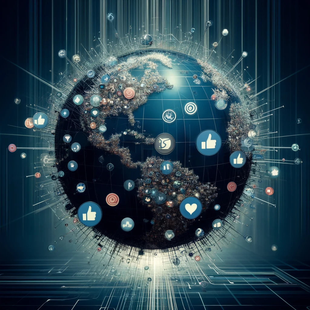 Globe besar yang rumit, dibangun dari berbagai ikon media sosial seperti tombol suka, bagikan, dan komentar, melambangkan bagaimana platform ini terjalin dengan politik dunia, dengan koneksi digital dan aliran data yang mengalir ke dan dari globe, menunjukkan komunikasi dan pengaruh, latar belakang bergaya matriks digital yang gelap menekankan aspek teknologi