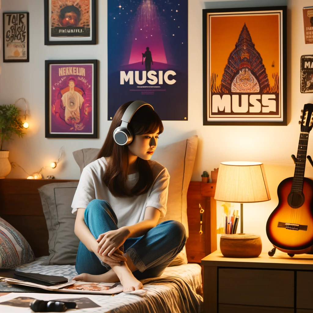 Seorang wanita muda duduk di kamar dengan headphone di kepala, tersenyum dan tampak tenang, mendengarkan musik. Ruangan didekorasi dengan poster musik, rak buku, dan lampu lembut yang menciptakan suasana hangat. Terdapat alat musik seperti gitar di latar belakang