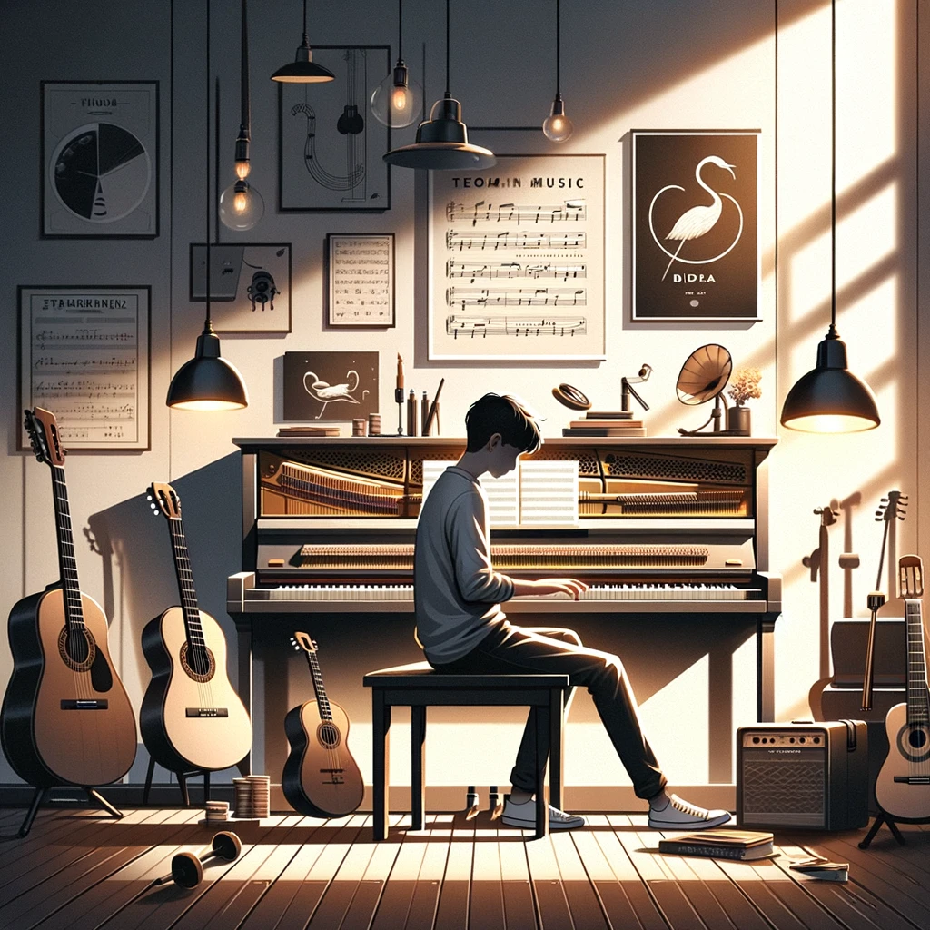 Seorang remaja sedang duduk di depan piano dengan buku teori musik terbuka di atas piano, terlihat fokus belajar. Ruangan terang dengan jendela besar, beberapa instrumen musik lain seperti gitar dan biola berada di sekitarnya. Dekorasi ruangan modern dengan sentuhan elemen musik seperti poster not balok di dinding
