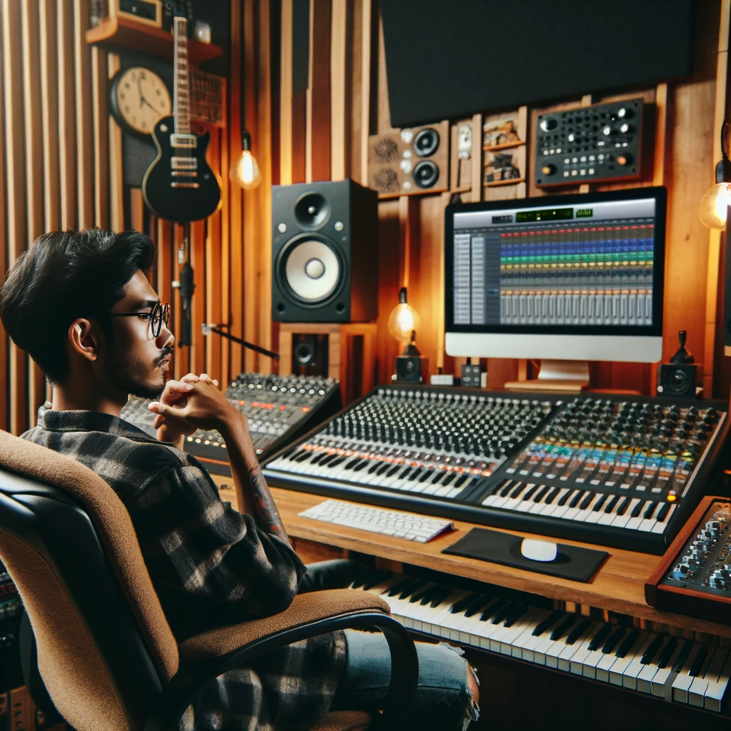 Seorang produser musik bekerja di studio rekaman dengan peralatan canggih, mengendalikan mixer dan komputer dengan layar yang menampilkan software produksi musik. Produser fokus dan serius, ruangan studio penuh dengan peralatan musik seperti gitar, keyboard, dan mikrofon