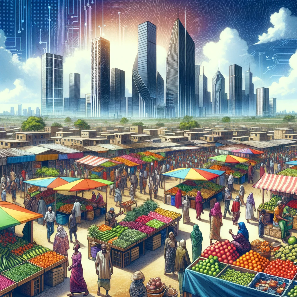 Pasar yang ramai di negara berkembang dengan stan yang menjual buah-buahan, sayuran, dan kerajinan tangan yang berwarna-warni. Kerumunan orang yang beragam usia dan etnis beraktivitas membeli dan menjual barang. Latar belakang menunjukkan gedung pencakar langit modern berdampingan dengan rumah tradisional, melambangkan transisi dan pertumbuhan ekonomi yang cepat