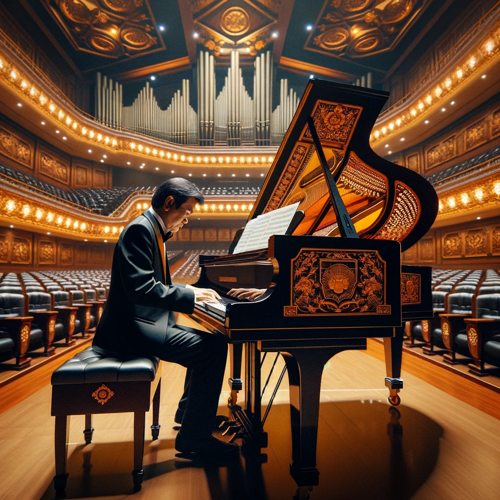 Seorang pria berpakaian ala komponis klasik sedang memainkan piano di ruang konser megah. Di sekitarnya terdapat lembaran partitur musik klasik dan ornamen-ornamen khas abad ke-18. Latar belakang menunjukkan barisan kursi penonton yang elegan dengan hiasan dinding bergaya klasik