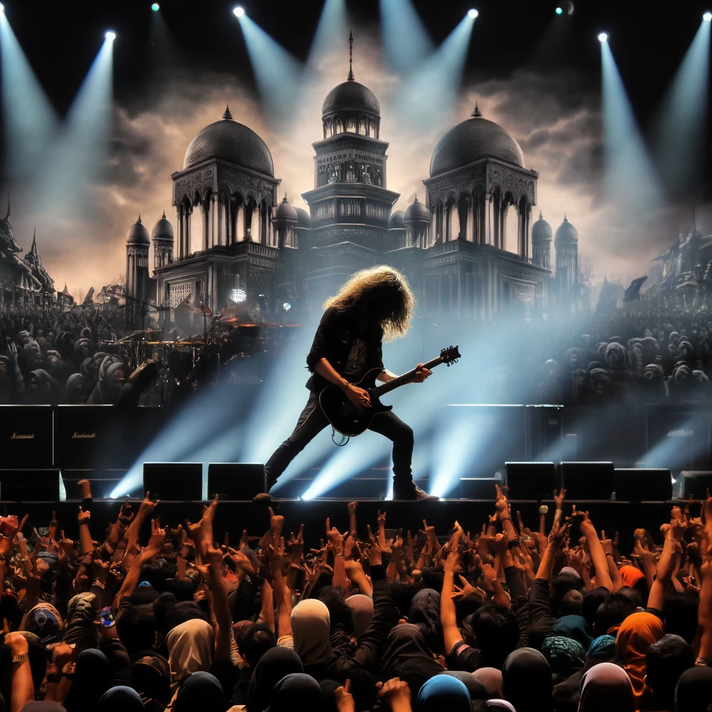 Sebuah panggung konser dengan seorang gitaris rock legendaris bermain di depan penonton yang bersemangat. Gitaris memiliki rambut panjang, pakaian kulit hitam, dan gitar listrik. Cahaya panggung berwarna-warni dan efek asap menambah suasana dramatis. Penonton mengangkat tangan dan terlihat antusias