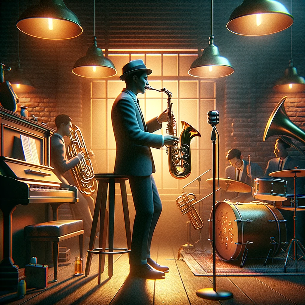 Seorang musisi jazz sedang memainkan saksofon di panggung dengan latar belakang lampu-lampu warna-warni dan penonton yang menikmati musik. Ada instrumen jazz lainnya seperti piano dan drum di latar belakang. Suasana meriah dengan sentuhan retro, mencerminkan sejarah dan perkembangan musik jazz