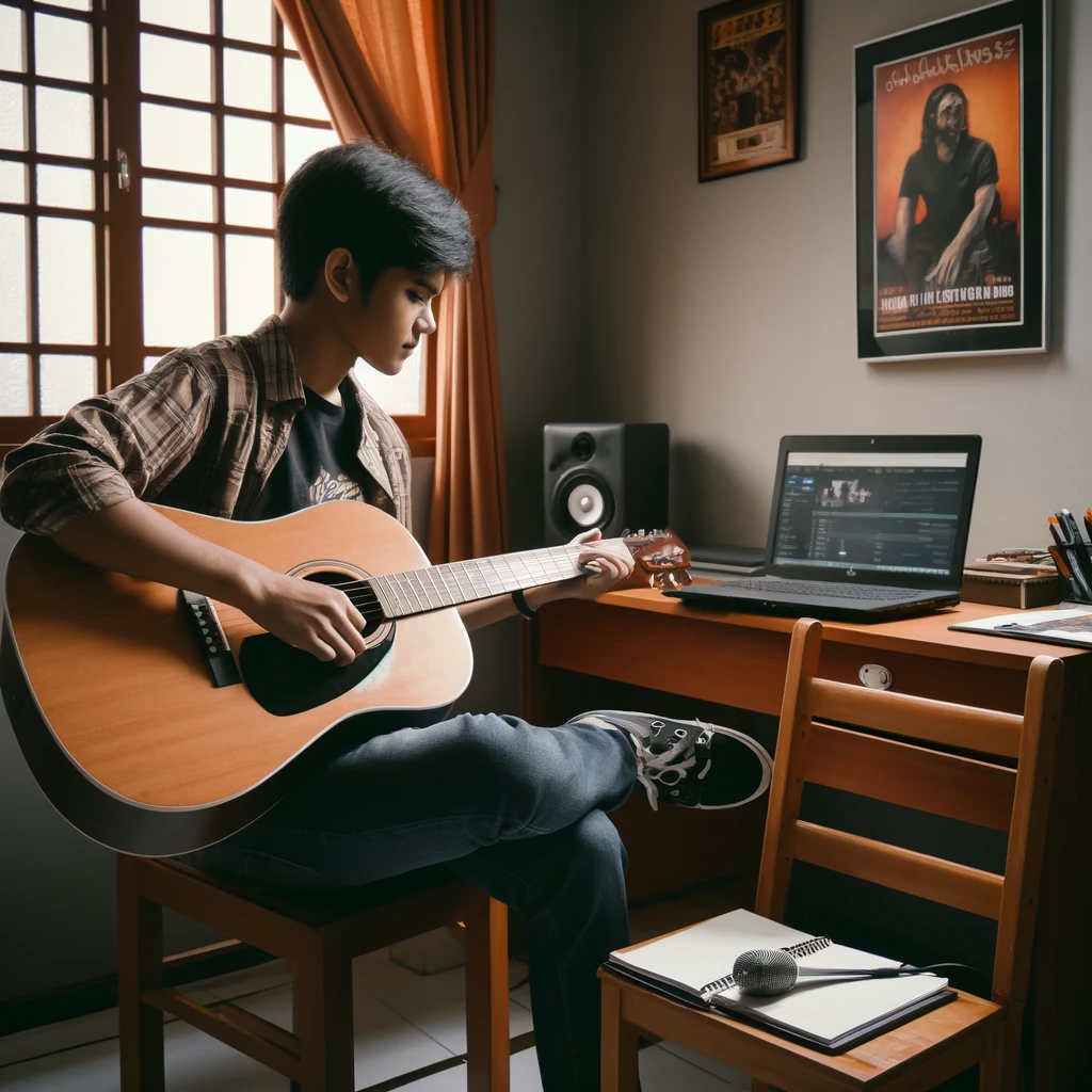 Seorang pemuda duduk di kursi dengan gitar akustik di tangannya, fokus belajar bermain gitar. Di sekitarnya terdapat buku panduan gitar dan laptop yang terbuka. Latar belakang berupa ruangan yang nyaman dengan pencahayaan hangat, dinding berwarna lembut, dan beberapa poster musik